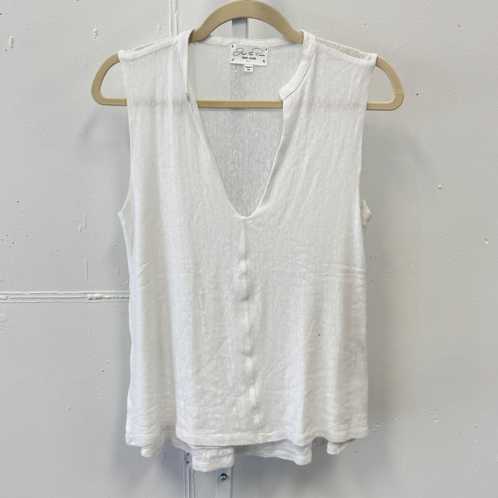 Feel The Piece Terre Jacobs White 100% Linen Deep V-Neck Sleeveless Top M/L